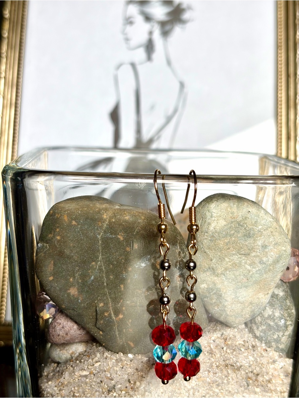 Gold-Tone Dangle Earrings with Red and Aqua Beads